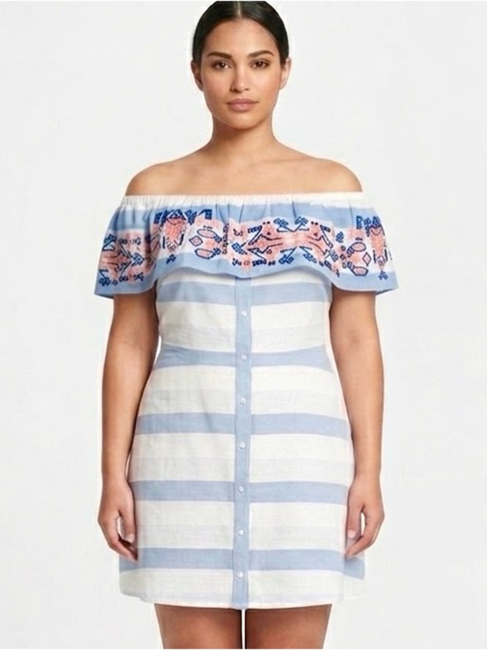 Sugarlips Off The Shoulder Striped Embroidered Mini Dress Coastal Blue White XL